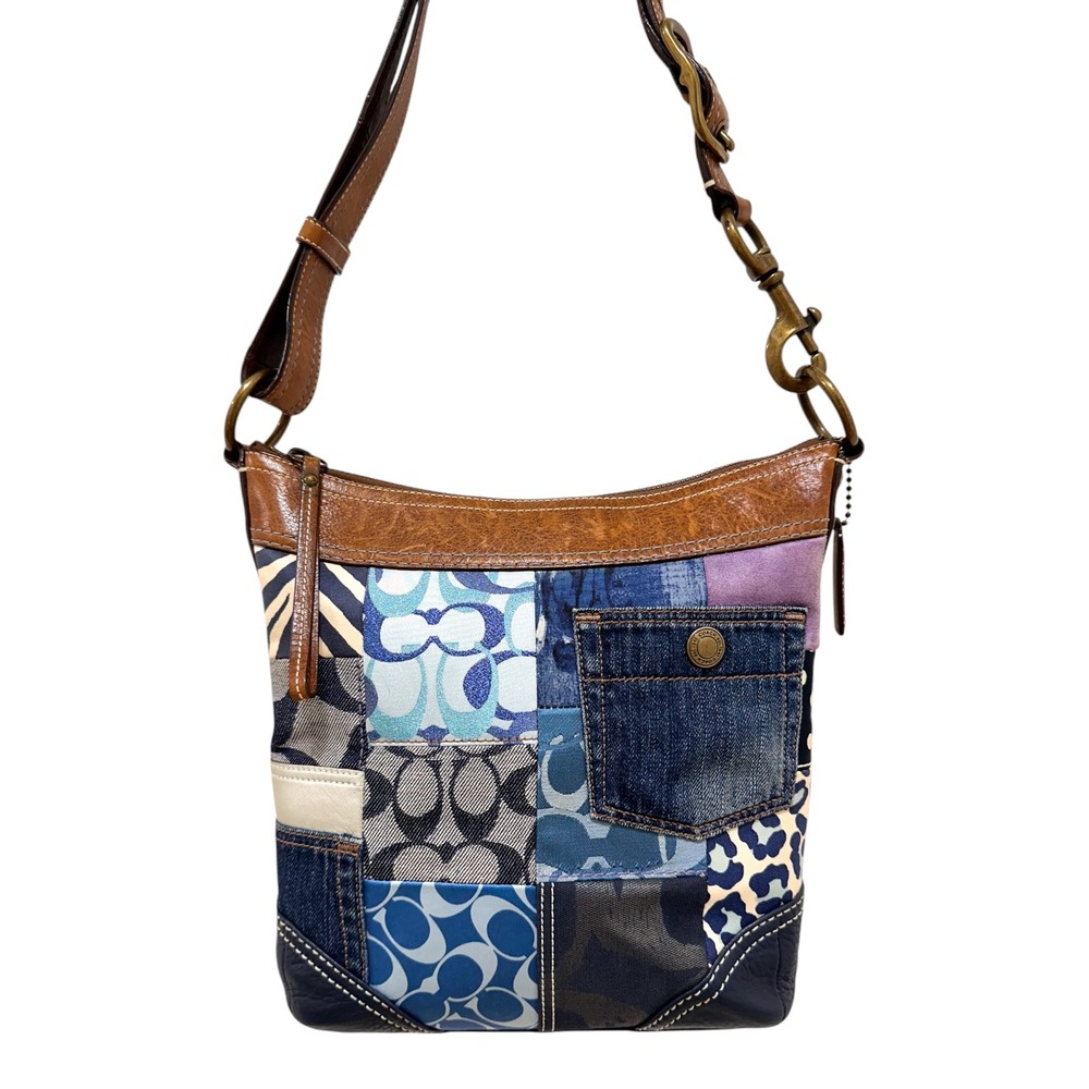 Coach Denim Patchwork Swingpack Crossbody Bag Blue Whiskey Leather 10812